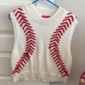QUEEN OF SPARKLES White Knit Sleeveless Crew with Red Stitching